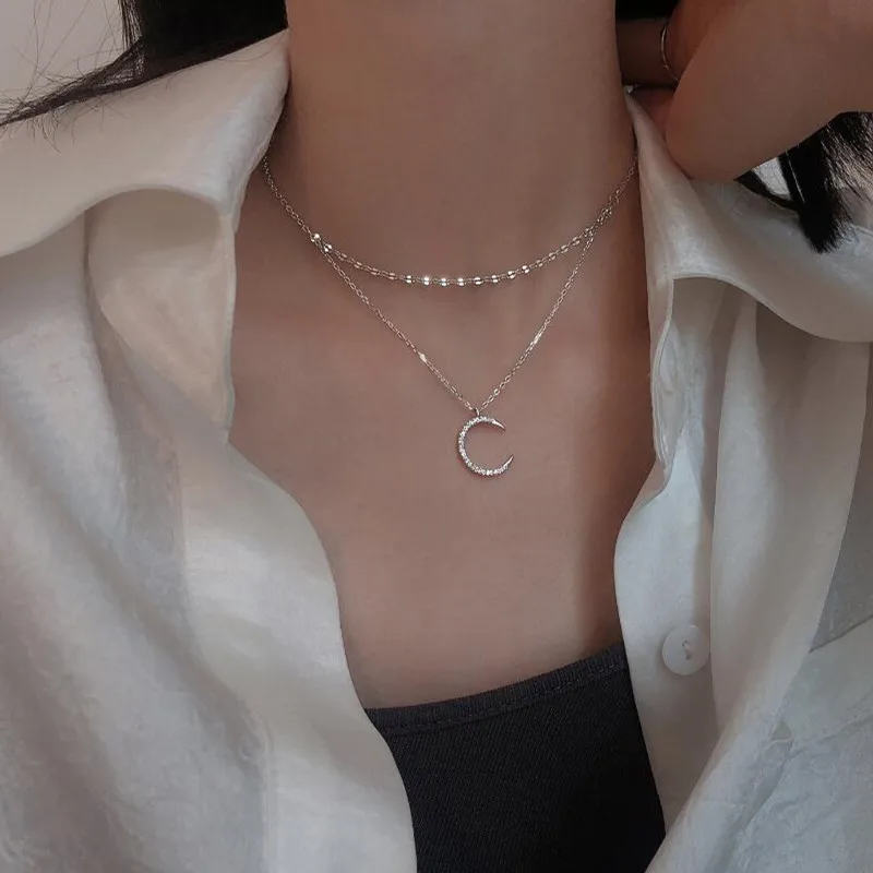 

925 Sterling Silver Double Layer Crystal Moon Charm Korean Pendant Choker Necklace Wedding Statemen Jewelry For Women dz101