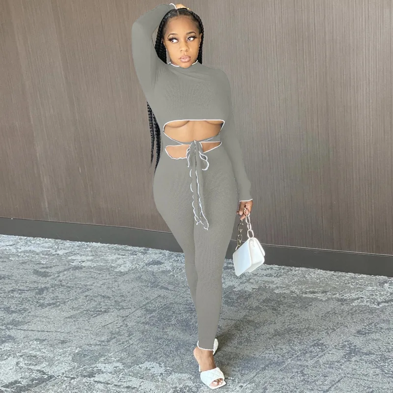 Осенний однотонный трикотажный комбинезон модный спортивный костюм с галстуком