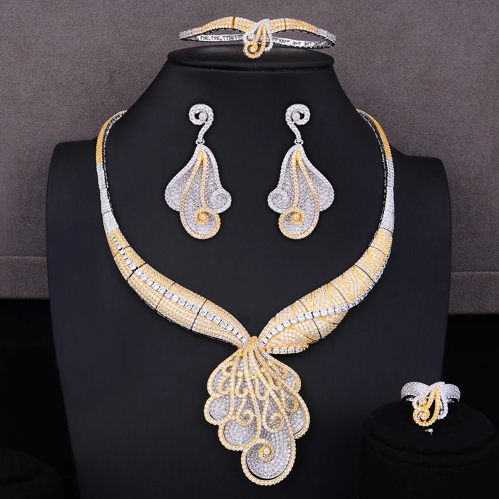 

Blachette Famous Brand Gorgeous Luxury 4PCS Bangle Ring Necklace Dangle Earrings 4PCS for Women Bridal Wedding Jewelry Sets