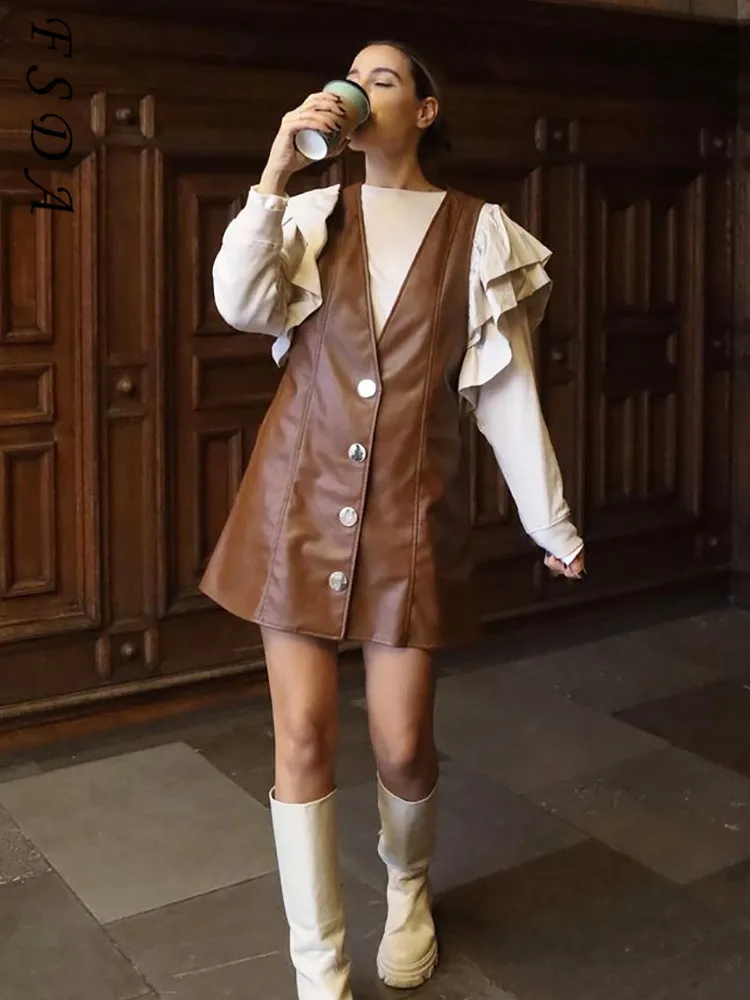 

FSDA вечернее платье из искусственной кожи с V-образным вырезом, женские платья без рукавов, Осень-зима 2021, коричневые мини-платья Y2K трапециев...