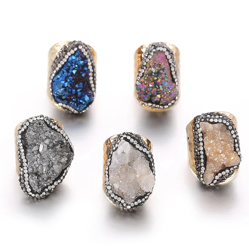 Colorful Luxurious Irregular Natural Crystal Stone Vacuum Plating Adjustable Ring For Women Healing Druzy Quartz Finger Rings
