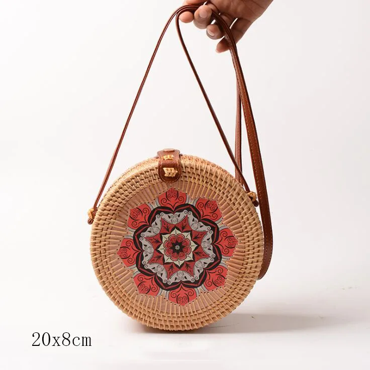 flower F 20X8cm Солнечный пляж, ручные тканые сумки, круглая сумка с пряжкой, Ротанговые соломенные сумки, ранец, богемная пляжная круглая сумка - Цвет: flower F 20X8cm