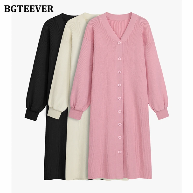 

BGTEEVER Casual V-neck Women Knitted Dress Lantern Sleeve Single-breasted Loose Straight Ladies Sweater Dress Vestidos 2021