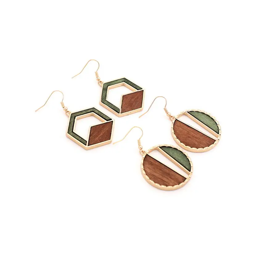 

Cutout Hexagon Mosaic Geometric Wood Earrings for Women Abstract Modern Art Round Earrings Jewelry Wholesale