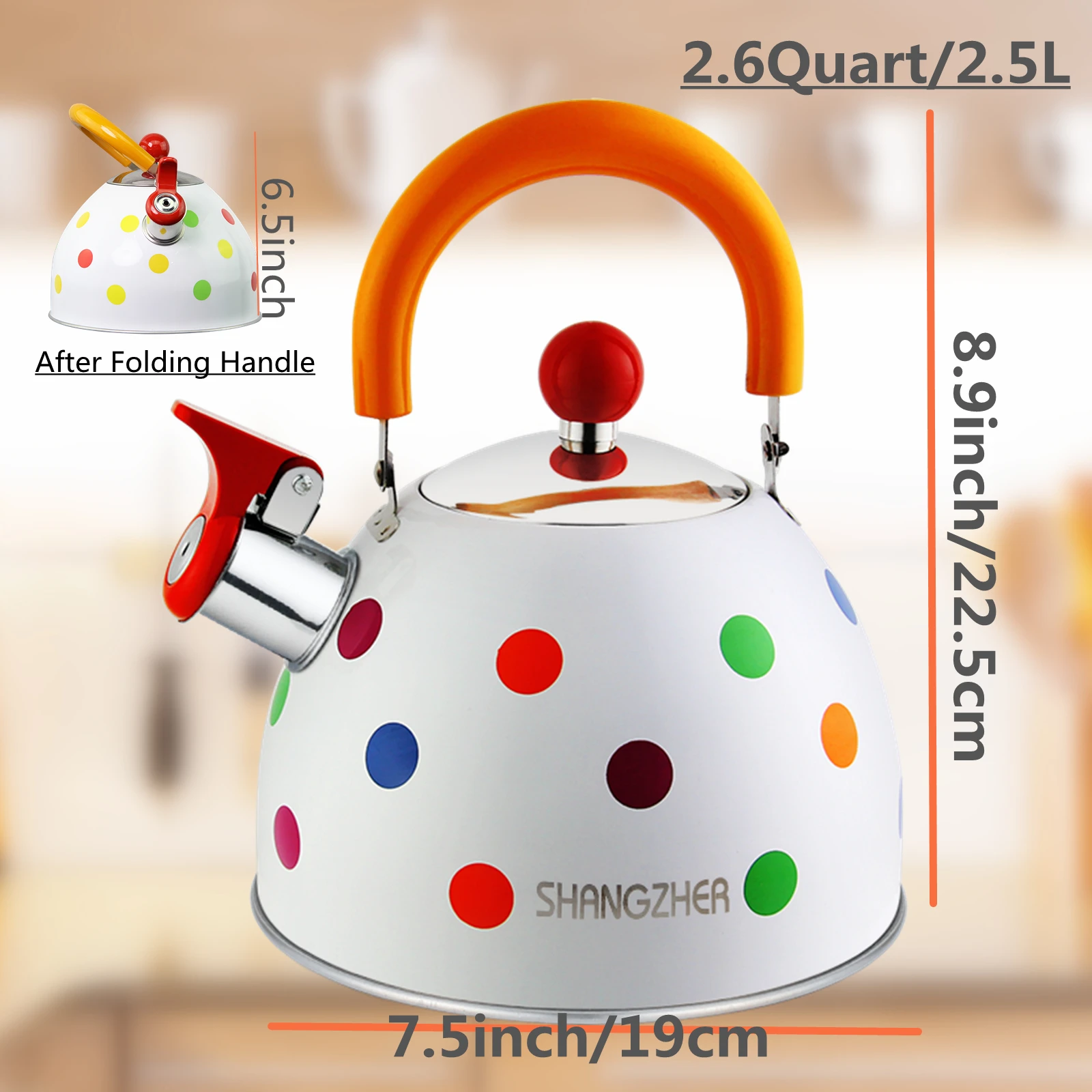 HausRoland Water Teapot Capacity 2.5L Dot Color Painting Folded Handle Stainless Steel Gas Induction Whistling Tea Kettle