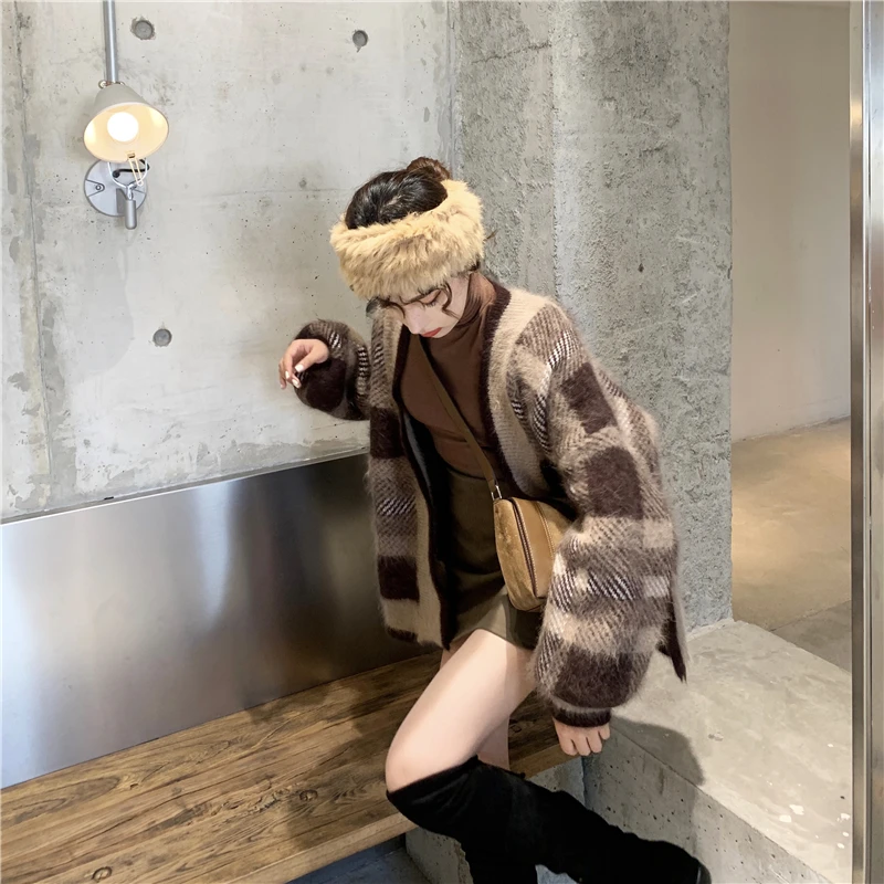 Толстый легко сочетающийся свободный свитер пальто клетчатый кардиган |