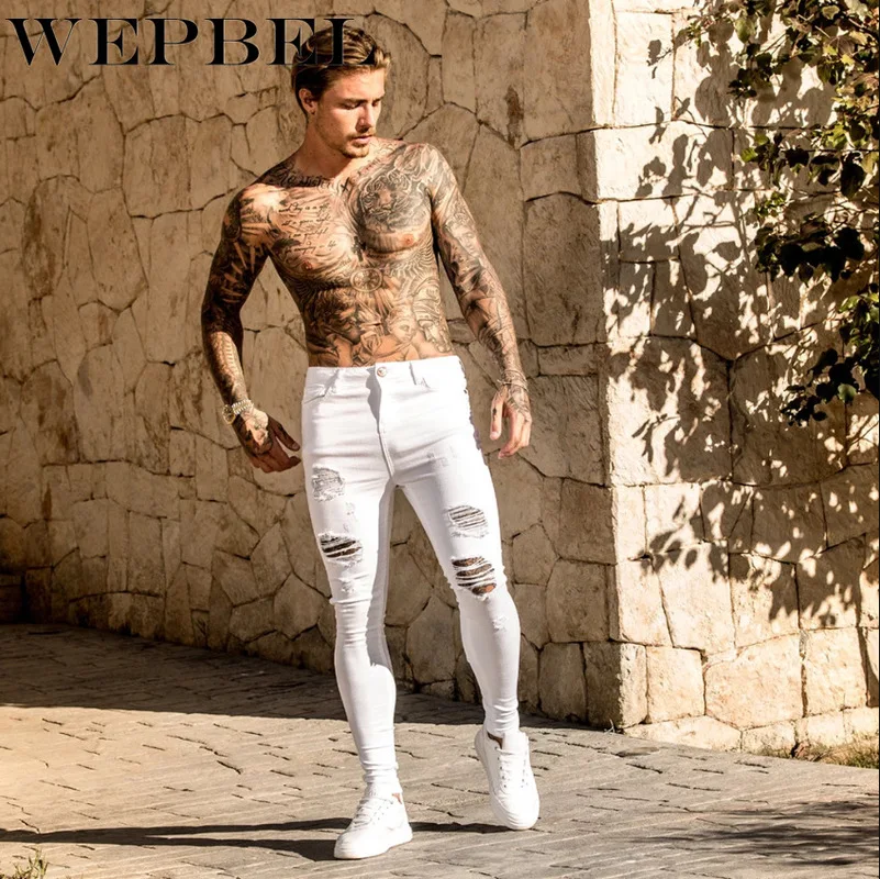 

Mandylandy Men's Fashion Skinny Ripped Jeans Casual Distressed Hole Jeans Slim Fit Denim Pants Pencil Denim Trousers
