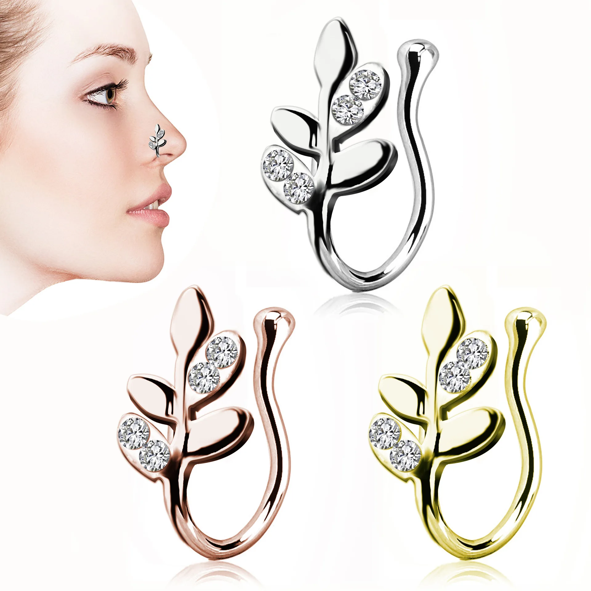 

Sexy Fashion Hypoallergenic Leaf-shaped Zinc Alloy Body Jewelry, 1PCS Fake Nose with Rhinestones, Imitation Perforated Ring