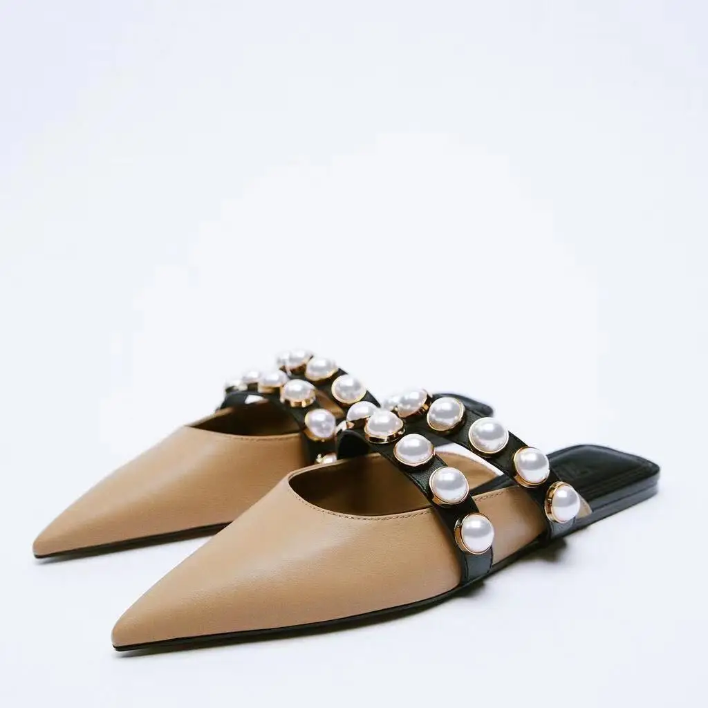 

ZAR 2021 Summer New Apricot Fashion Pointed Toe Flat Heel Pearl Sexy Outer Wear Ballet Lazy Sandals And Slippers Women Plus Size