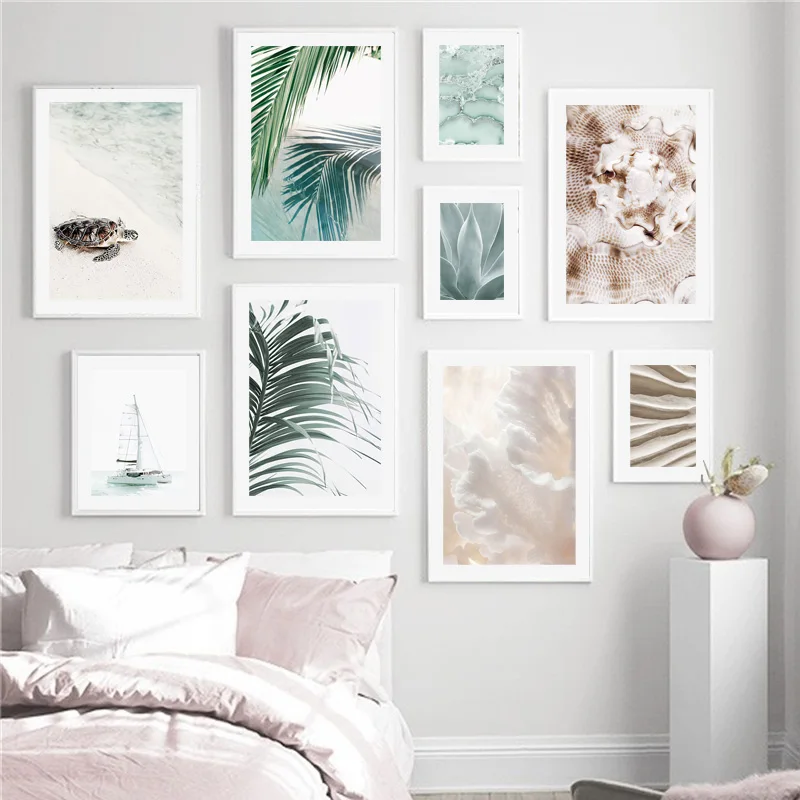 

Sailing Palm Leaf Seashell Agave Sand Corals Nordic Poster Wall Art Print Canvas Painting Wall Pictures For Living Room Decor