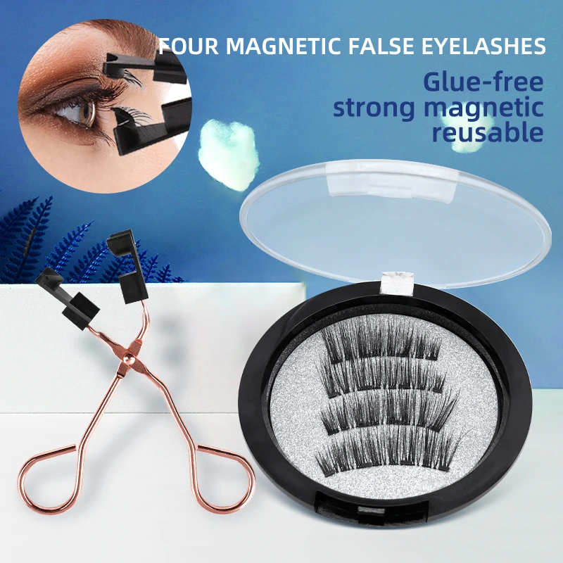 

1 Pair-Reusable Magnetic False Eyelashes with Eyelash Curler 4 Magnets 3D Fake Eyelash Extension Self-adhesive Eye Makeup Tools