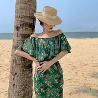 women long green off shoulder floral dress sundress summer 2022 runway elegant tropical fairy sea beach vacation party vestidos
