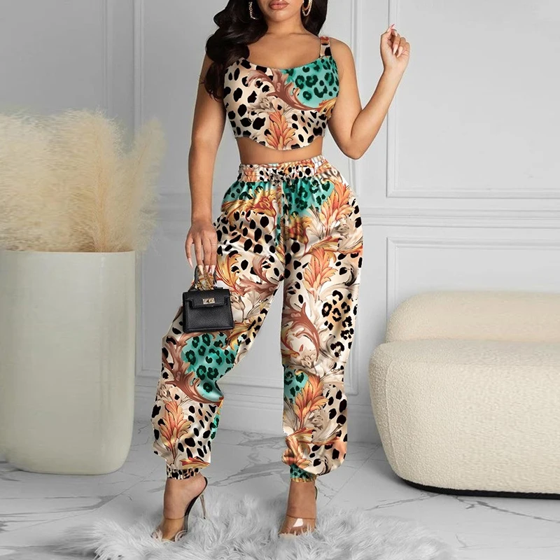 

Casual Sleeveless Crop Tops + High Waist Sweatpants Suits Summer Fashion Printed Outfits 2021 Autumn Sports Women Two Piece Sets