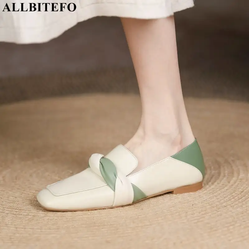 

ALLBITEFO Size 33-40 Square Toe Fashion Casual Comfortable Soft Genuine Leather Flat Heel Shoes Flats Sweet Women Dance Shoes