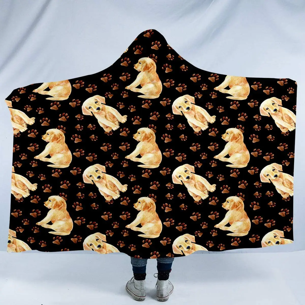 

Labrador Retriever Hooded Blanket Cute Dog and Paws Hoodie-Plush Warm Blanket Brown Puppy Blanket Black Animal Theme Decor