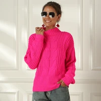 neon sweater women knitted fuchsia pink solid half turtleneck pullovers long casual loose knitting shirts female jumpers