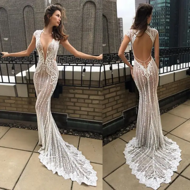 

Sexy Berta 2020 Illusion Top Mermaid Prom Dresses Deep V Neck Lace Appliqued Bridal Gowns Vestido De Novia Cap Sleeve Beach