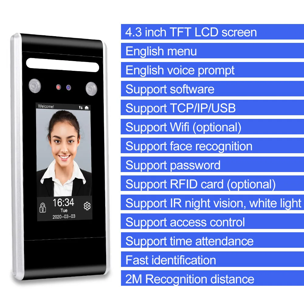 

WiFi Dynamic Facial Access Control Time Attendance Machine Biometric IR Face Recognition 125KHz/13.56MHz RFID Keypad TCP/IP/USB