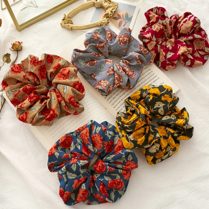 

Romantic Rose Flower Print Scrunchies Women Hair Ties Rope Big Flower Print Hair Ring Ornament Elastic Hair Rubber Band Headwear