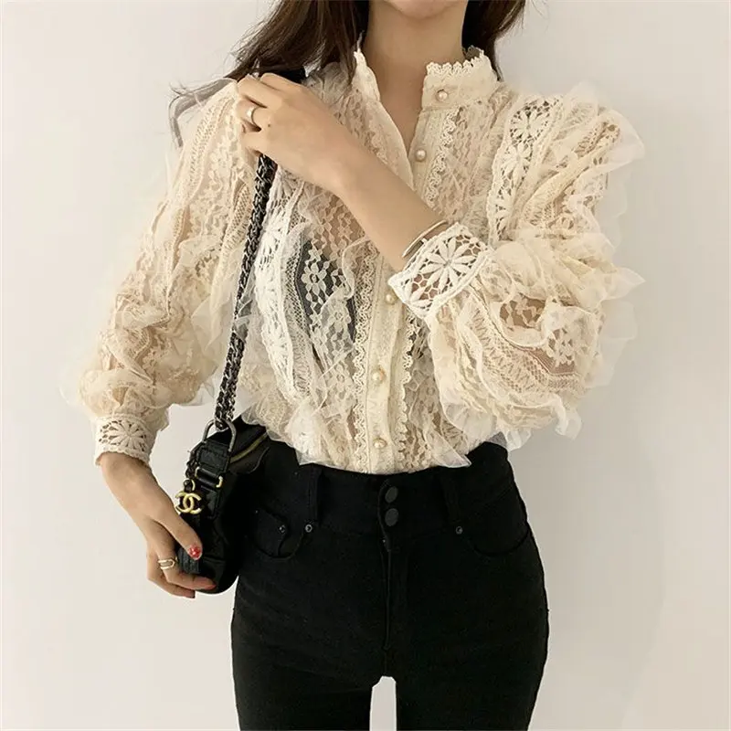 Женская винтажная рубашка в стиле ретро с длинным рукавом и цветочным принтом |