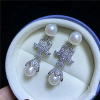 woman court natural white rice freshwater pearl micro inlay zircon accessories drop earrings luxury