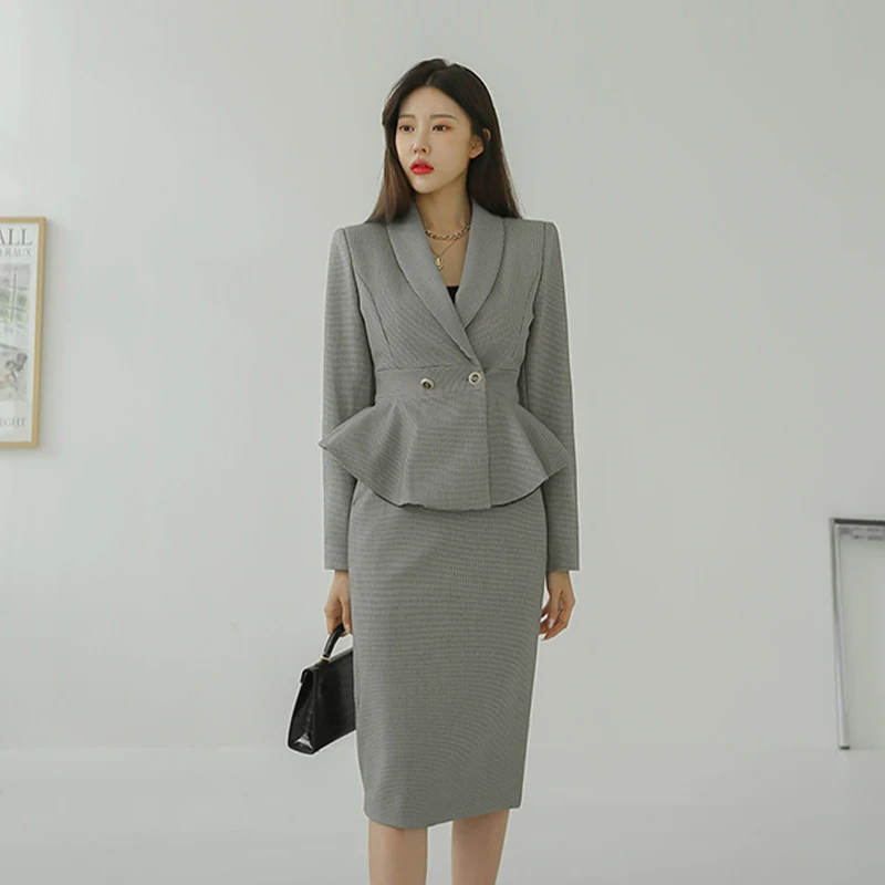 

Fashion Gray plaid women blazer suits Long sleeve double breasted blazer Skirt Dress set office ladies two-piece blazer sets