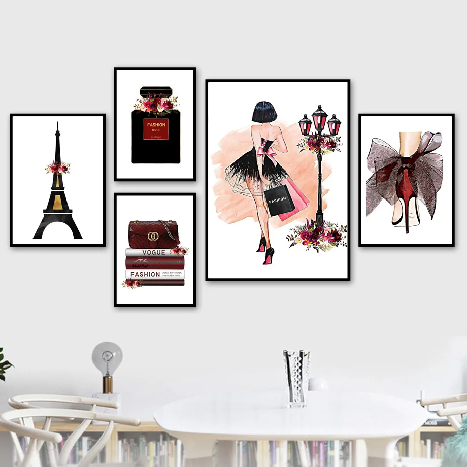 

Flower Perfume High Heel Paris Fashion Girl Wall Art Canvas Painting Nordic Posters And Prints Wall Pictures For Living Room