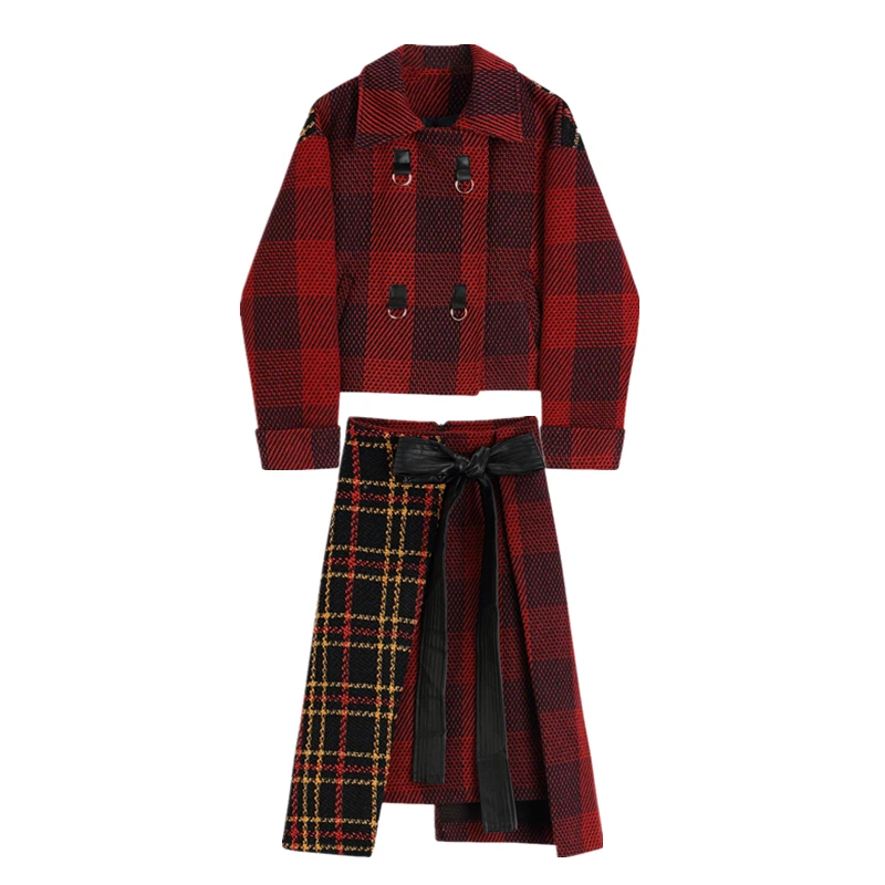 Plaid Jacket Women Christmas Coat Autumn Winter Retro High-waisted Mid-length Skirt Bow Half-length Skirt Plaid Two-piece Women