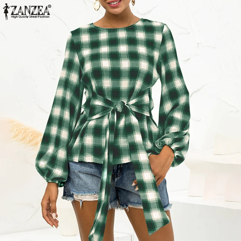 

Full Lantern Sleeve Autumn Women Elegant O Neck Blouse Stylish Grid Printed Shirt Casual Lace Up Work Party Tops 2021 ZANZEA