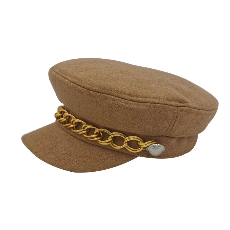 Кепка-берет Женская восьмиугольная однотонная теплая с золотыми цепочками |