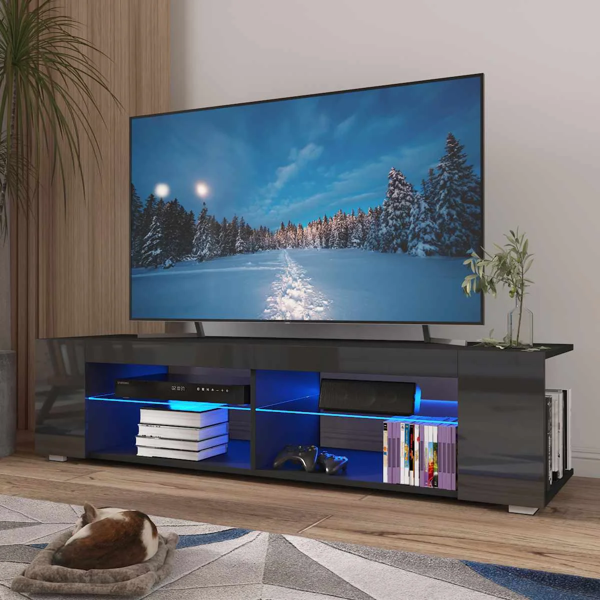 High Gloss Bookshelves With Led Light 4-shelf Console Cabinet Home Office Tv Bracket Living Room Furniture