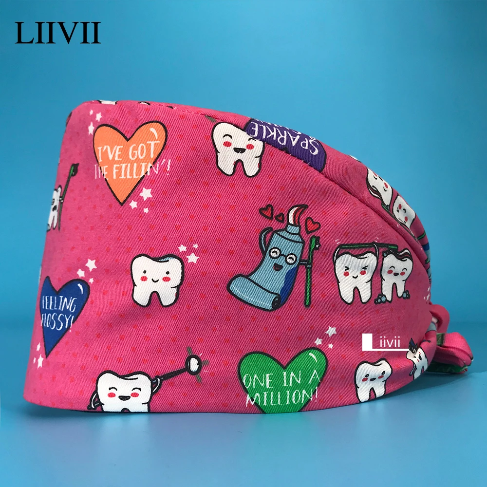 

High quality cute unisex surgical cap fashion cartoon printing beauty salon nursing cap cotton Elastic breathable Dentist hat