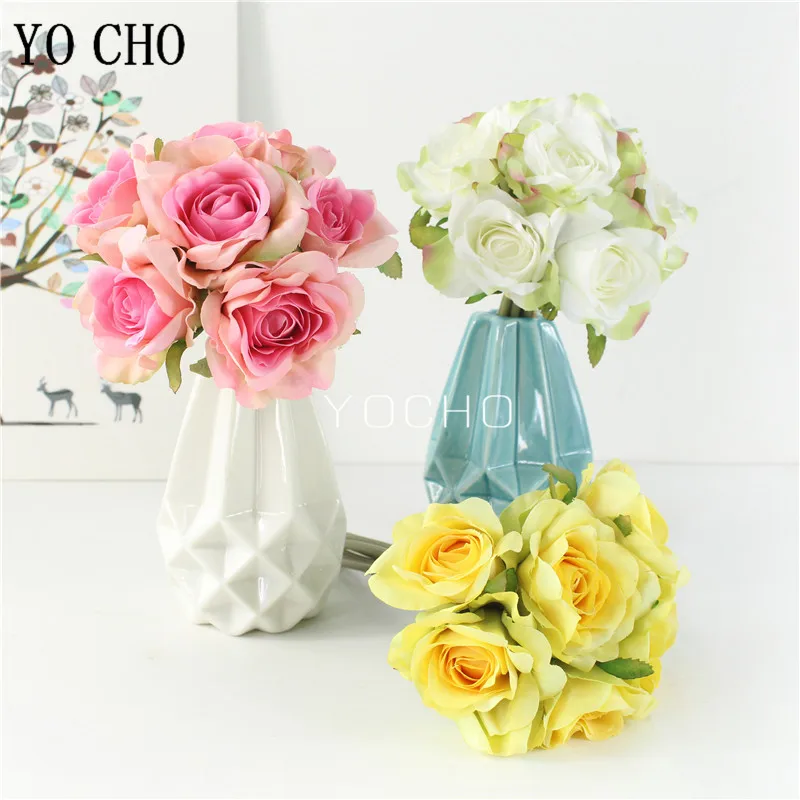 

YO CHO Artificial Flower 6 Heads Silk Rose White Small Bouquet Fake Rose Girl Flower Arrangement DIY Wedding Home Party Decor