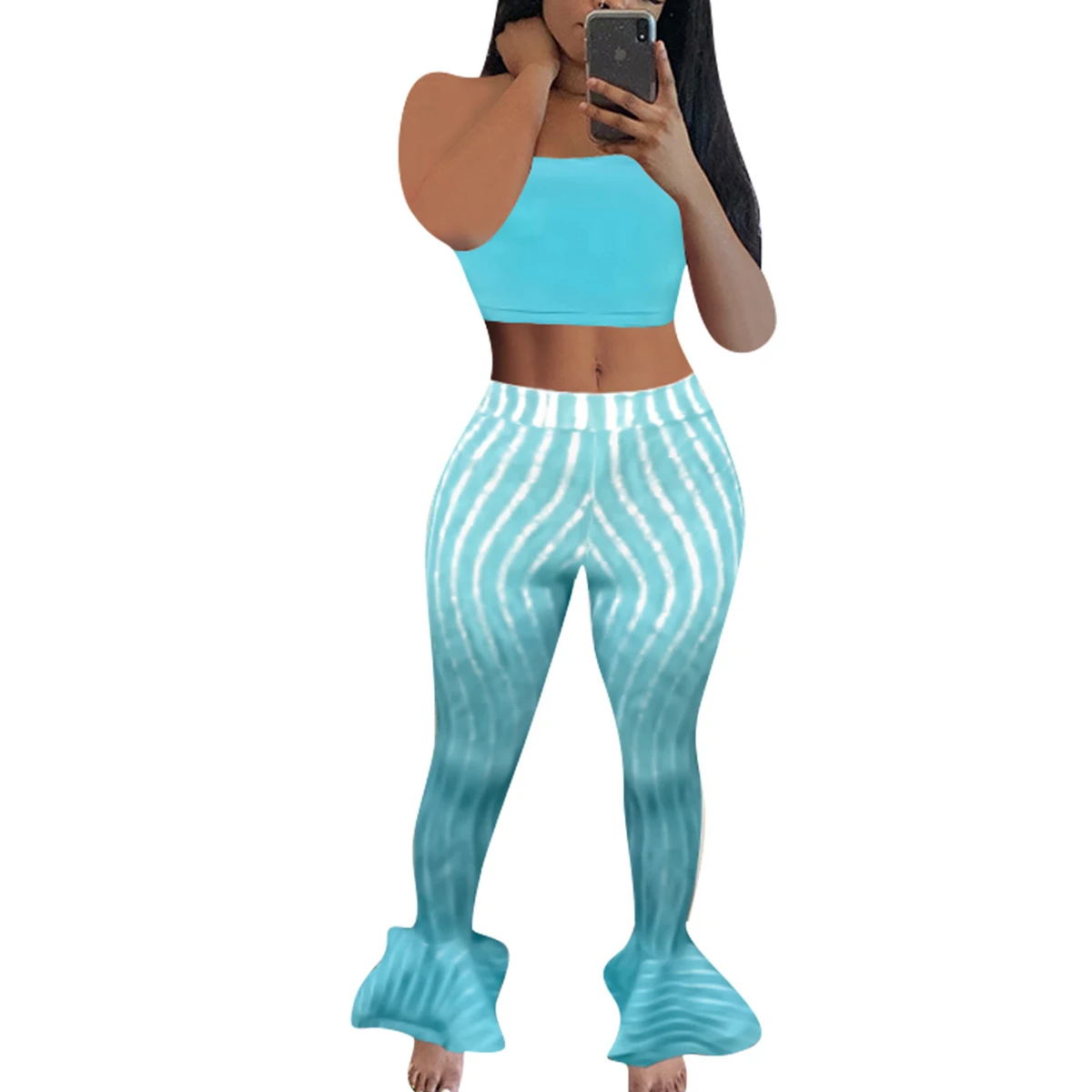 

Women Tube Top + Ruffled Trousers, Sexy Navel Vertical Stripes Printing Skinny Design Summer Clothing