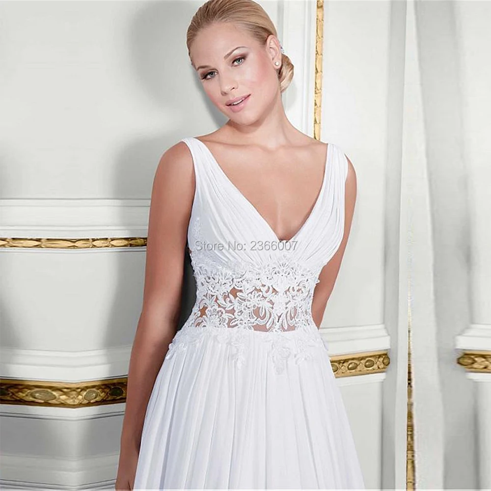 

Beach Chiffon V Neck Wedding Dress Custom Made Sexy See Through Tulle Bridal Dresses Lace Appliques Wedding Gowns 2020