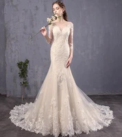 gorgeous o neck 34 long sleeve sweep train illusion mermaid lace wedding dress bride gown vestidos de novia