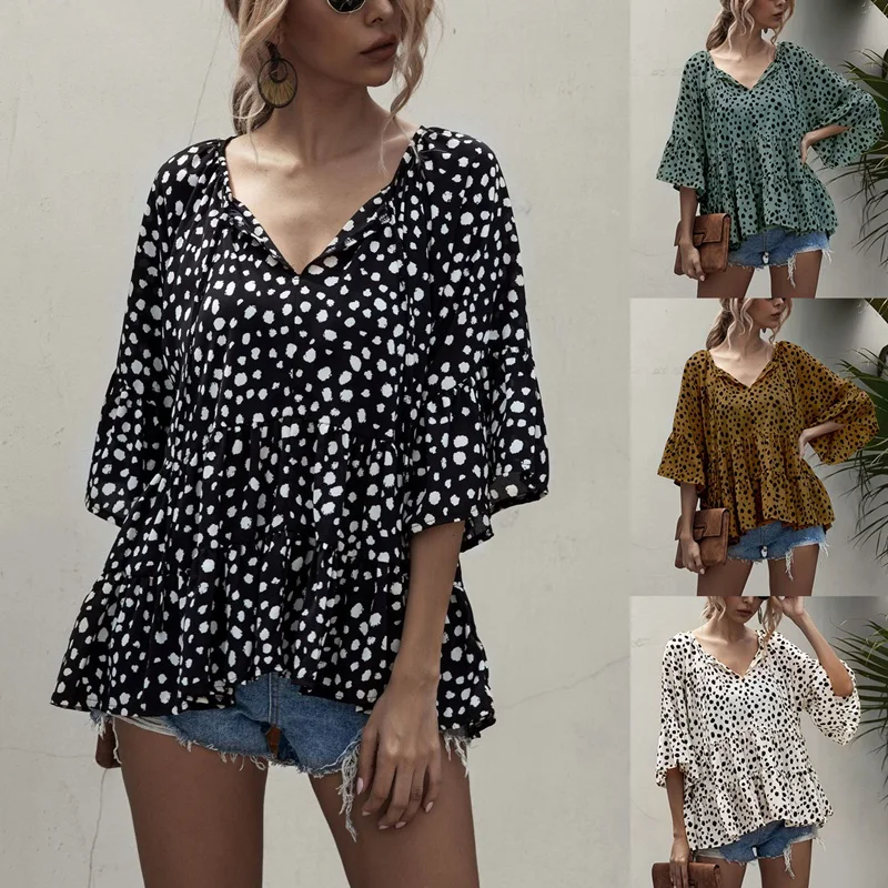 

Женская рубашка в горошек, с V-образным вырезом и оборками, на лето и весну