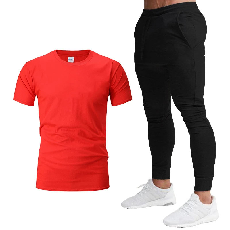 

Men's brand solid color sportswear suit, pure cotton quick-drying fitness sports, running fashion short-sleeved T-shirt + joggin