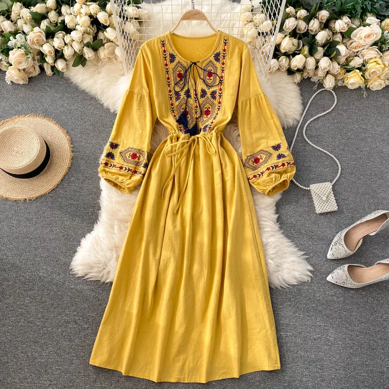 

Женское длинное платье с вышивкой Indie, элегантное платье миди в стиле бохо с круглым вырезом, пышными рукавами и высокой талией, осень 2021