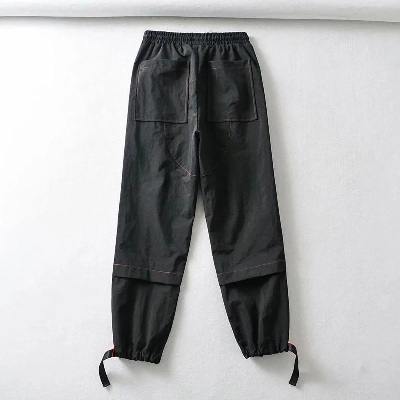 

WOMENGAGA Women Elasticated Waist Contrast Stitching Cargo Pants With Pockets And Belt Loops Cuff Details korean RQHA