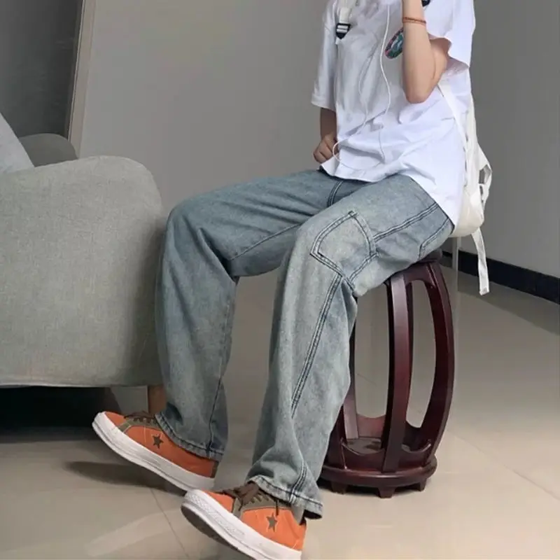 

2022 Spring& Autumn New Tooling Jeans Han High Waist Slimming Loose Thin Line Simple Women Old Wide Leg Pants Tide Free Shipping