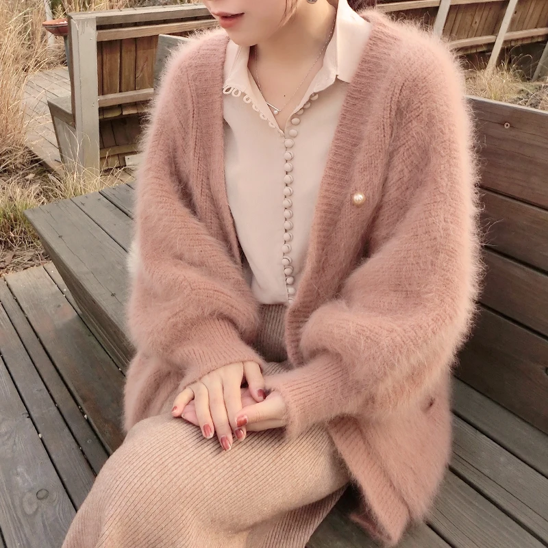 

pink Elegant Autumn Winter Mink Cashmere Women Sweaters Coat Oversized Loose Batwing Sleeve Mohair Thicked Soft Pink Cardigan