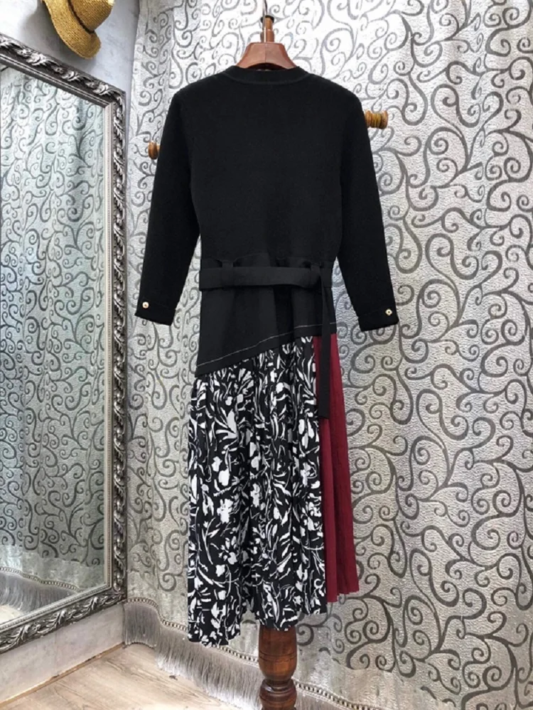 

Knitted Dress 2020 Autumn Winter Fashion Clothing Women Vintage Print Patchwork Buttons Deco 3/4 Sleeve Mid-Calf Pleated Dress