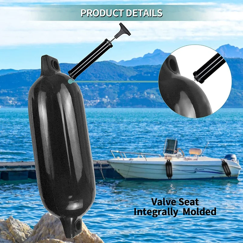 

Boat Fenders 4 Pack 4.5x16 Inch Inflatable Ribbed Marine with Fender Lines 6.5 Ft Needles and Pump