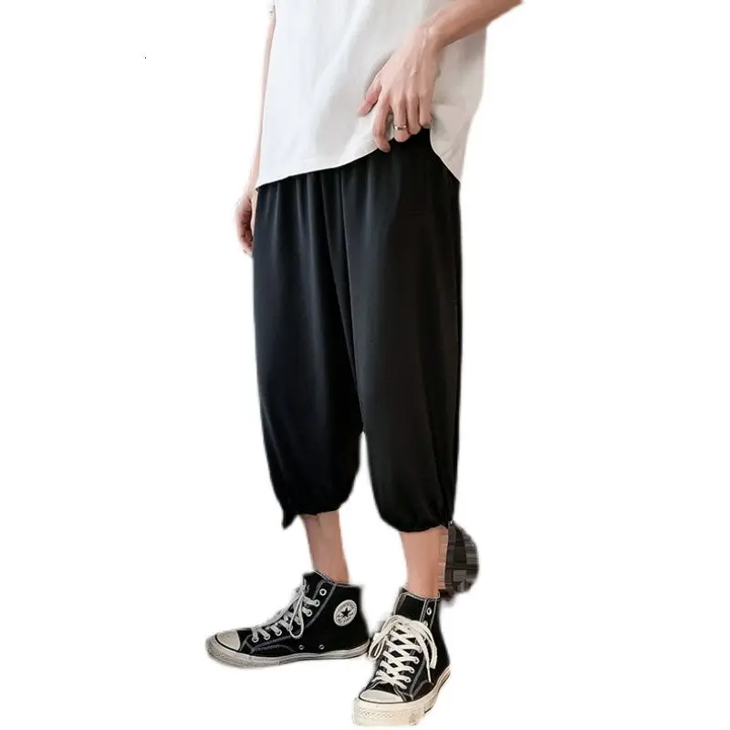 

Summer Thin Cropped Pants Men's Fashion Black White Casual Pants Men Streetwear Loose Straight-leg Pants Mens Large Size M-5XL