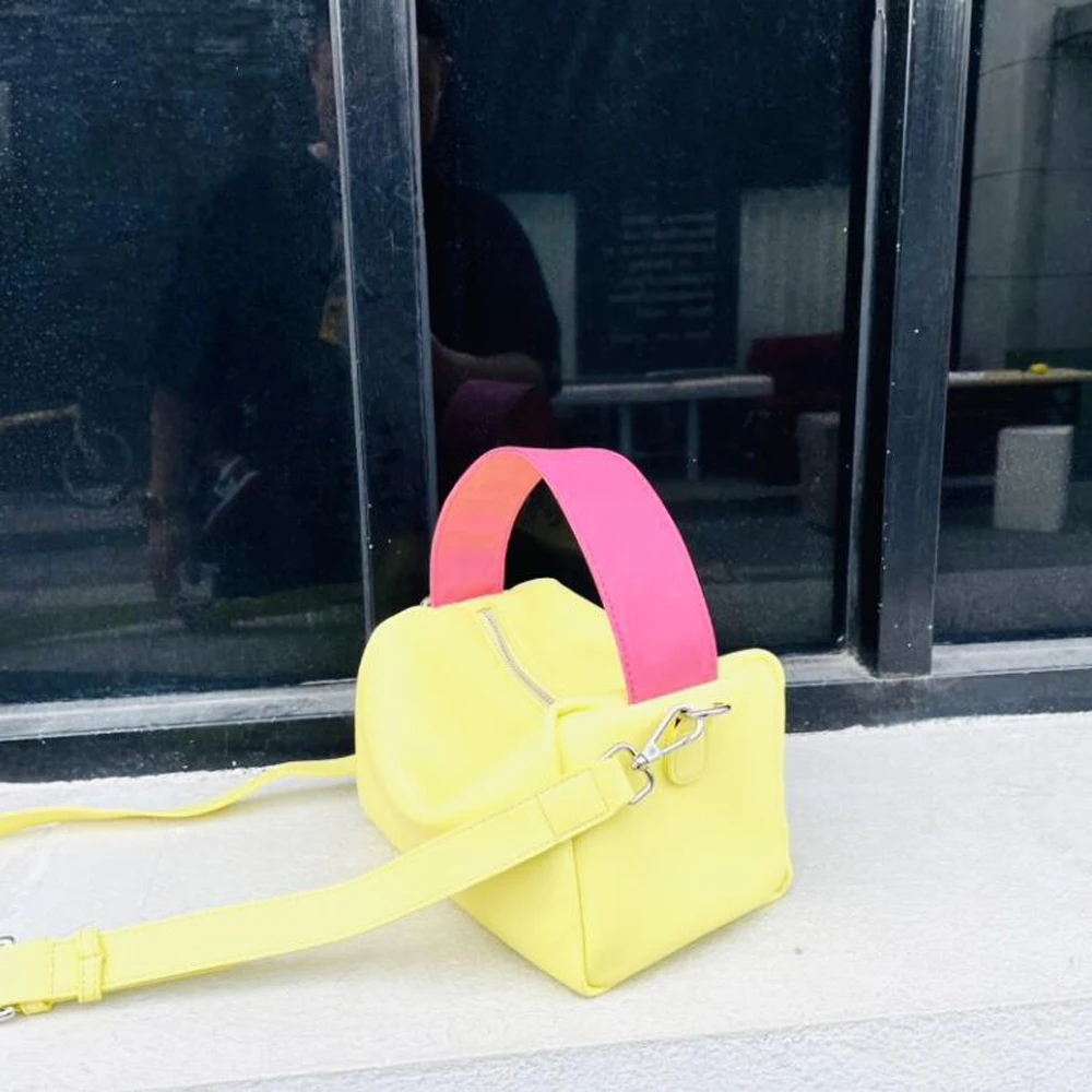

Kpop Female Leather Handbag Box Bag with Long Strap Colorful Contrast Messenger Bags Ladies Crossbody Women Pillow Handbags
