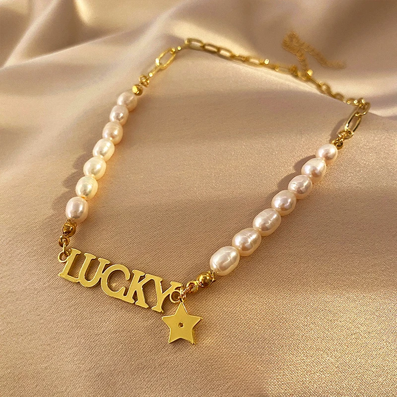 

Exquisite Romantic 14k Real Gold Baroque Pearl LUCKY Letters Pendant Necklace for Women High Quality Jewelry Splicing Chain Gift