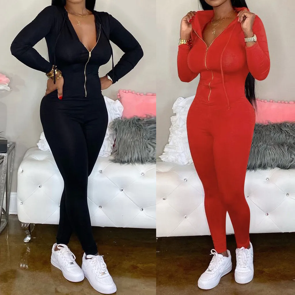 Женский спортивный комбинезон на молнии однотонный длинный с V образным вырезом