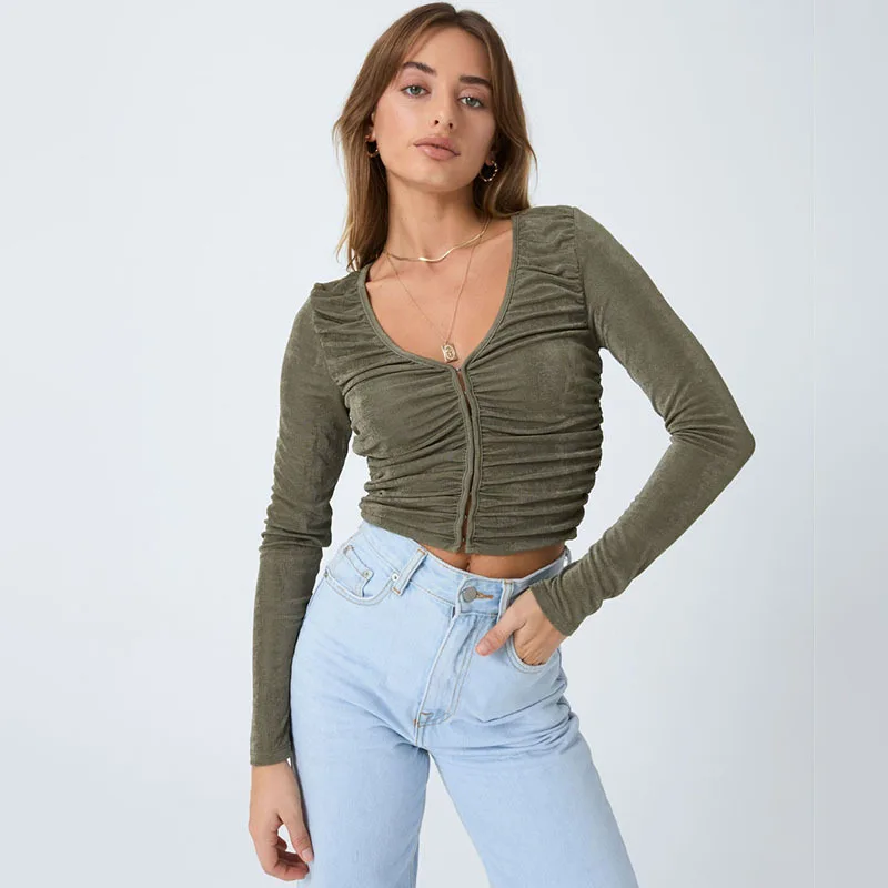

Fall 2021 new V-neck hook and button cardigan women's long-sleeved shirt with folds and waist slim short top