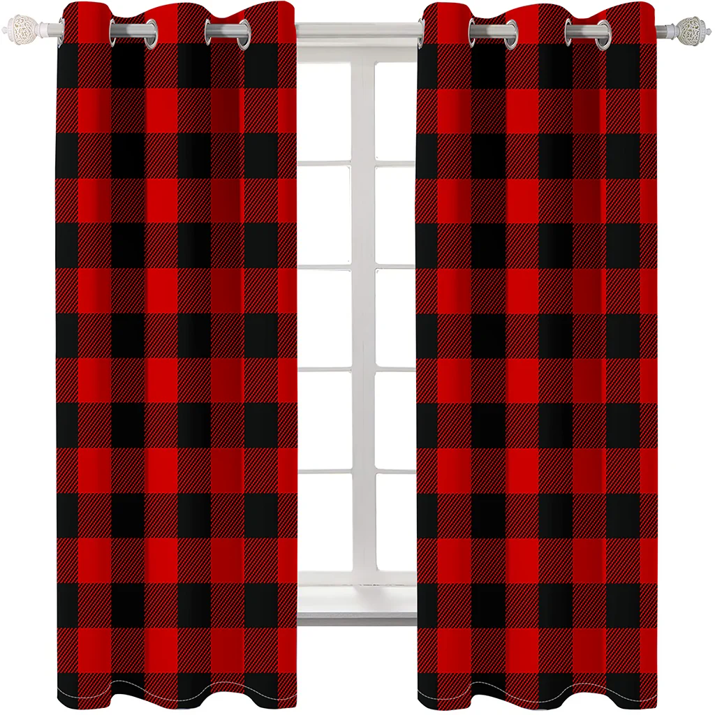 

Red Striped Checkered Printed Perforated Blackout Curtains for Living Room and Bedroom Curtains, 90% Machine Washable